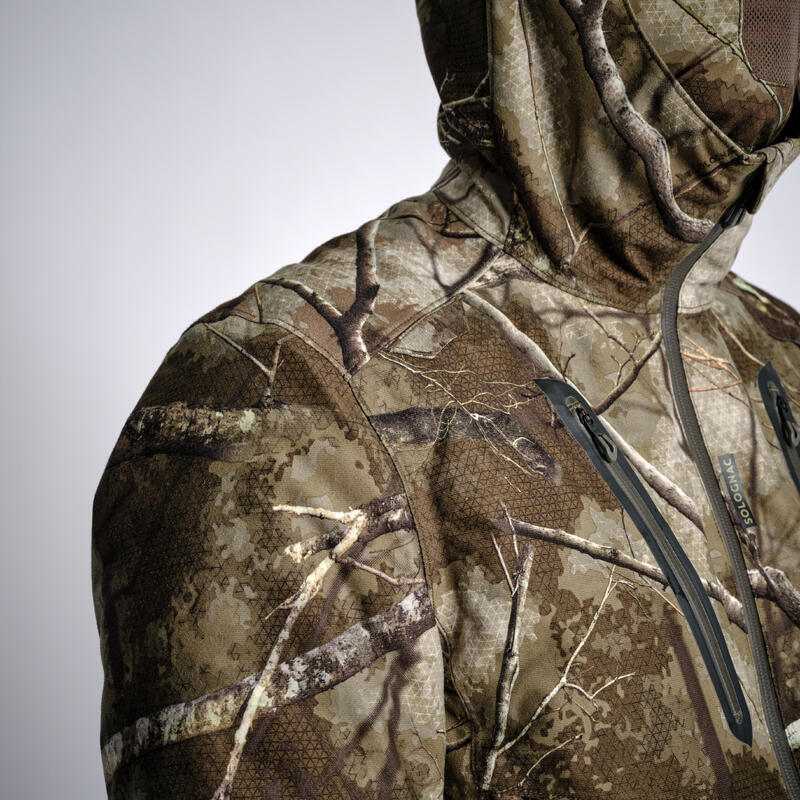 Lovecká bunda nehlučná nepromokavá hřejivá 900 maskovací vzor Treemetic
