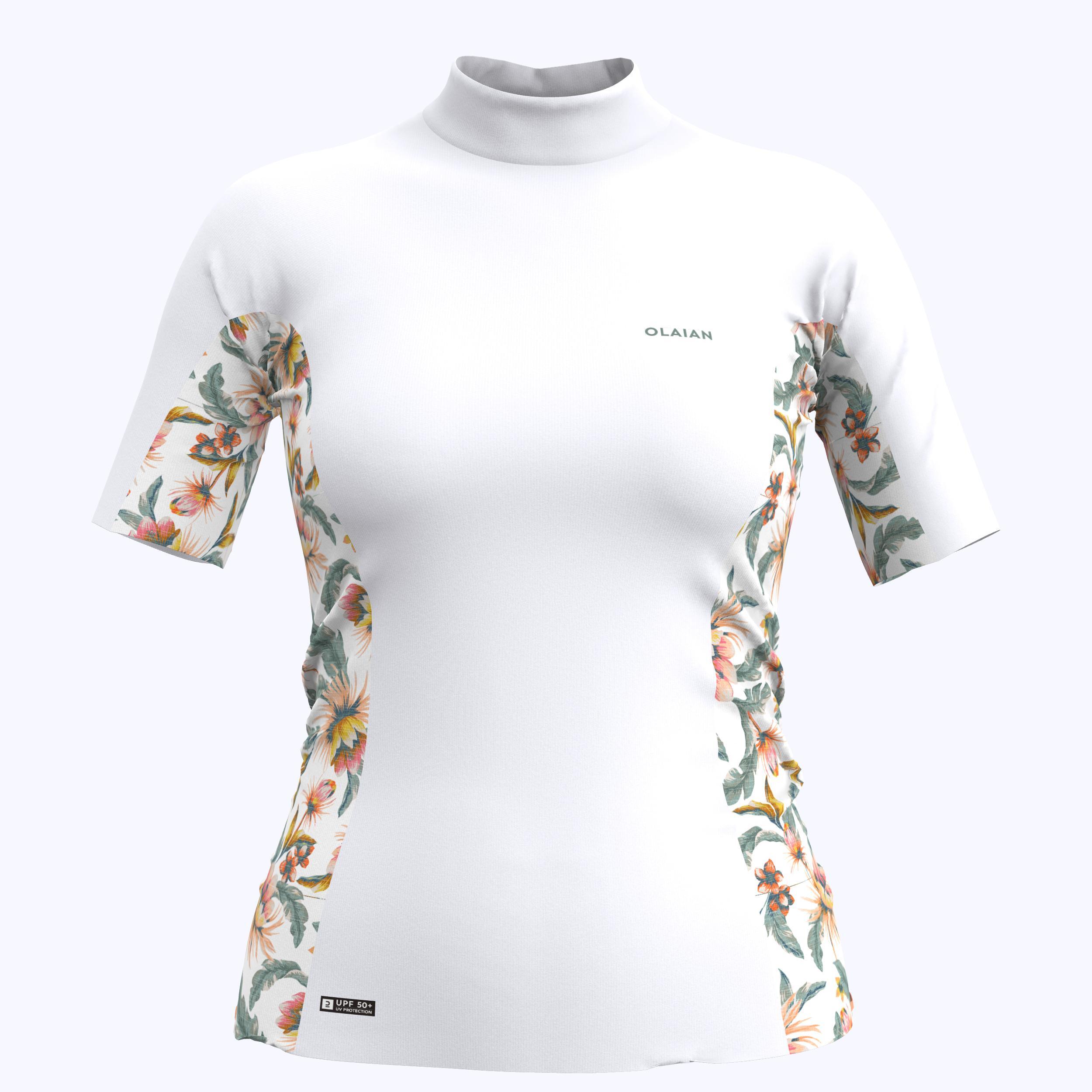 Playera de surf anti-UV de manga corta blanca para mujer 500 Belly 6/8