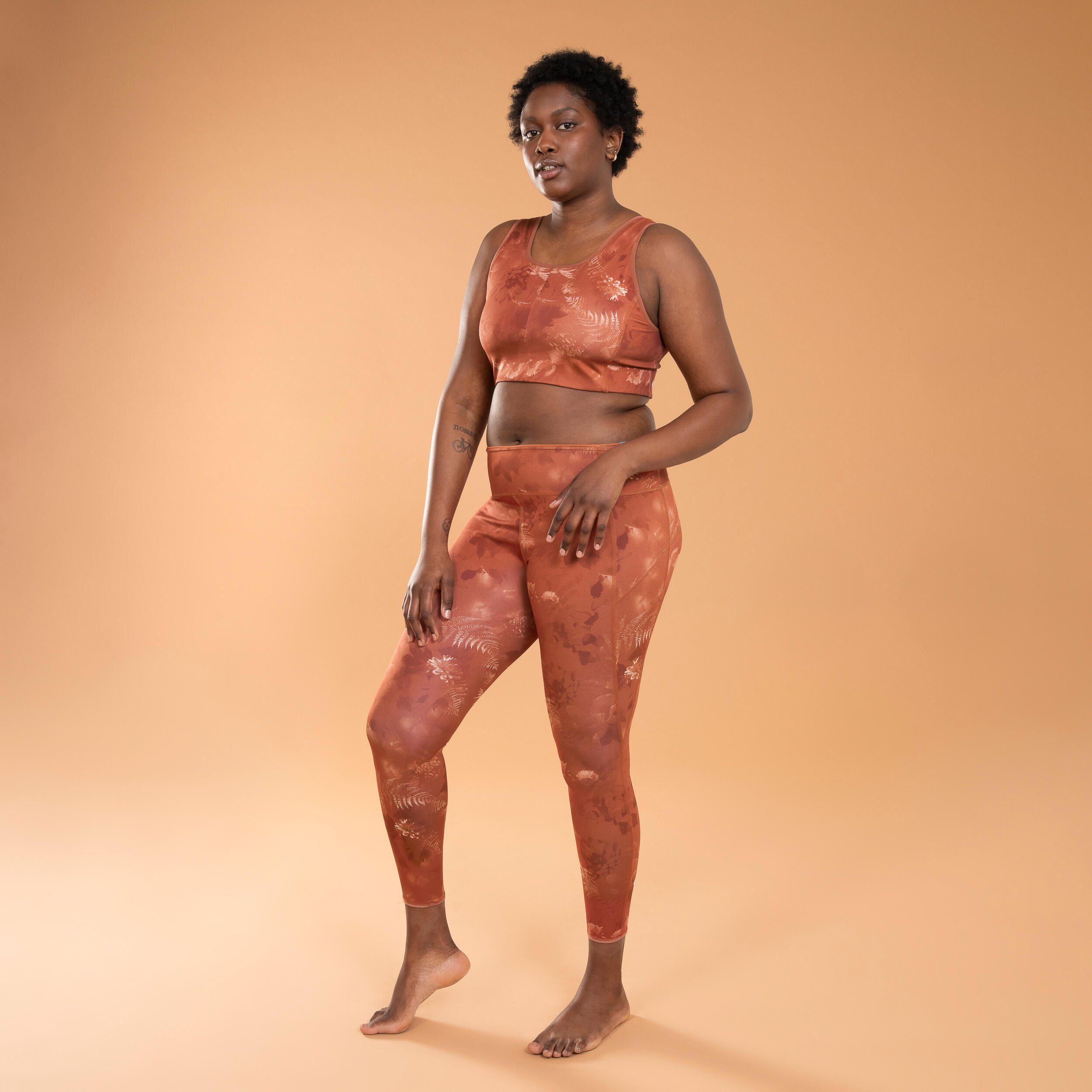 Legging voor dynamische yoga dames omkeerbaar uni / print bruin oranje 2/6