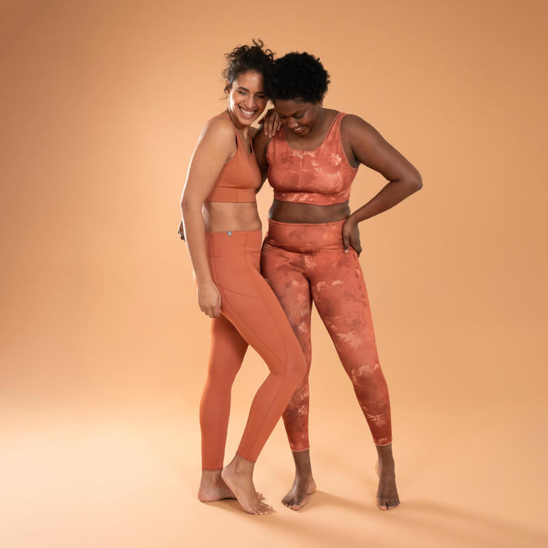 Legging voor dynamische yoga dames omkeerbaar uni / print bruin oranje
