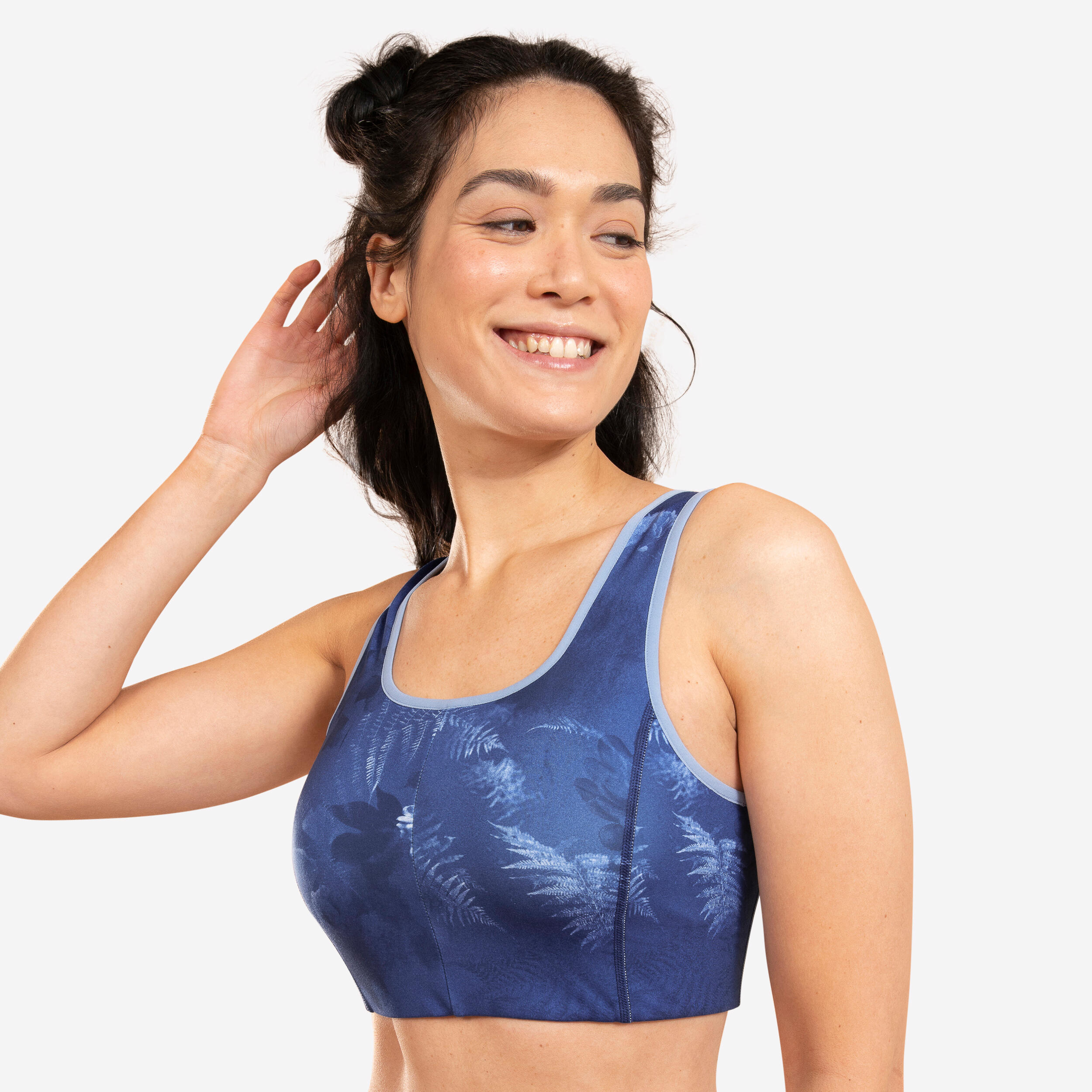 KIMJALY Yoga Reversible Sports Bra - Solid/Print Indigo Blue