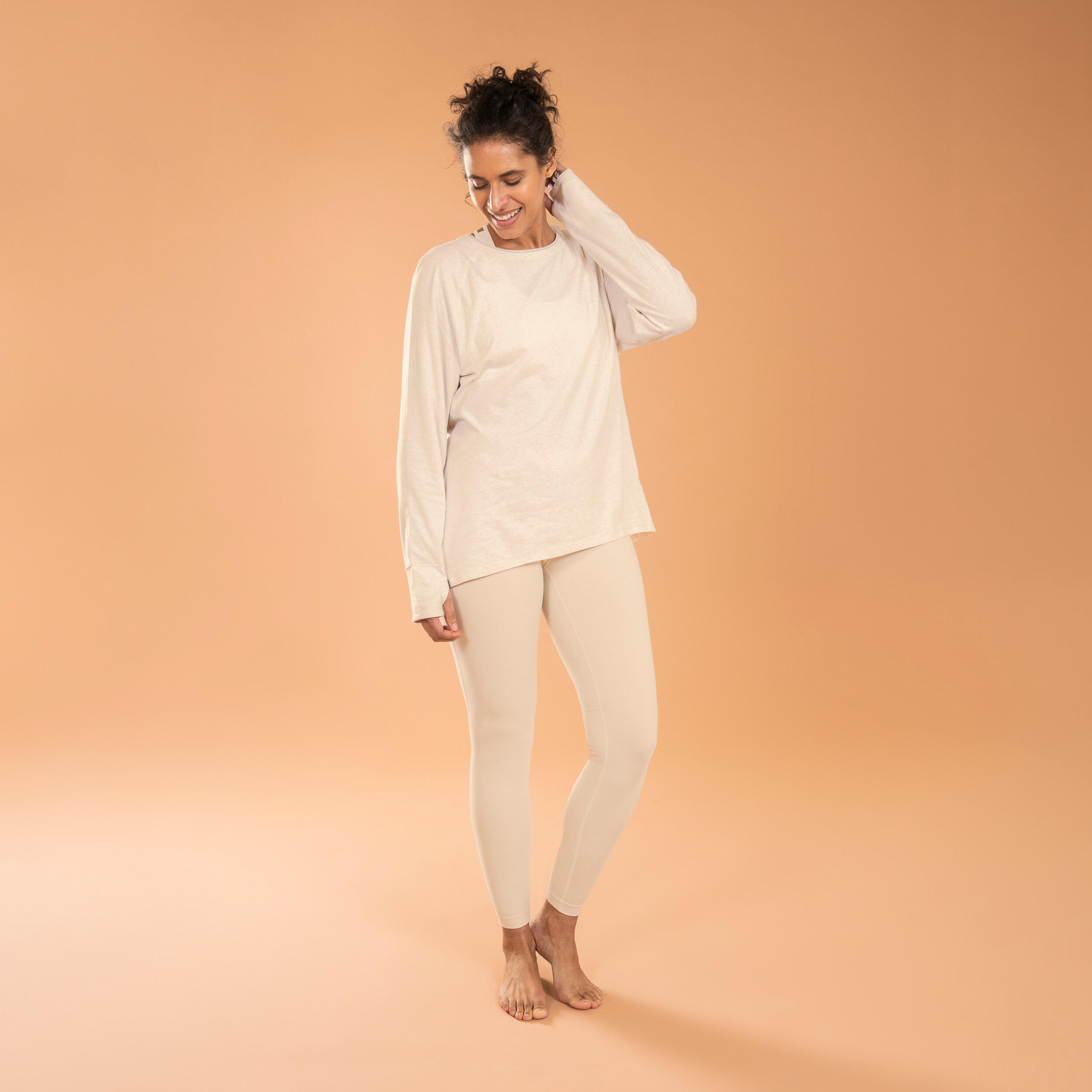 WOMEN'S LONG-SLEEVED YOGA T-SHIRT BEIGE