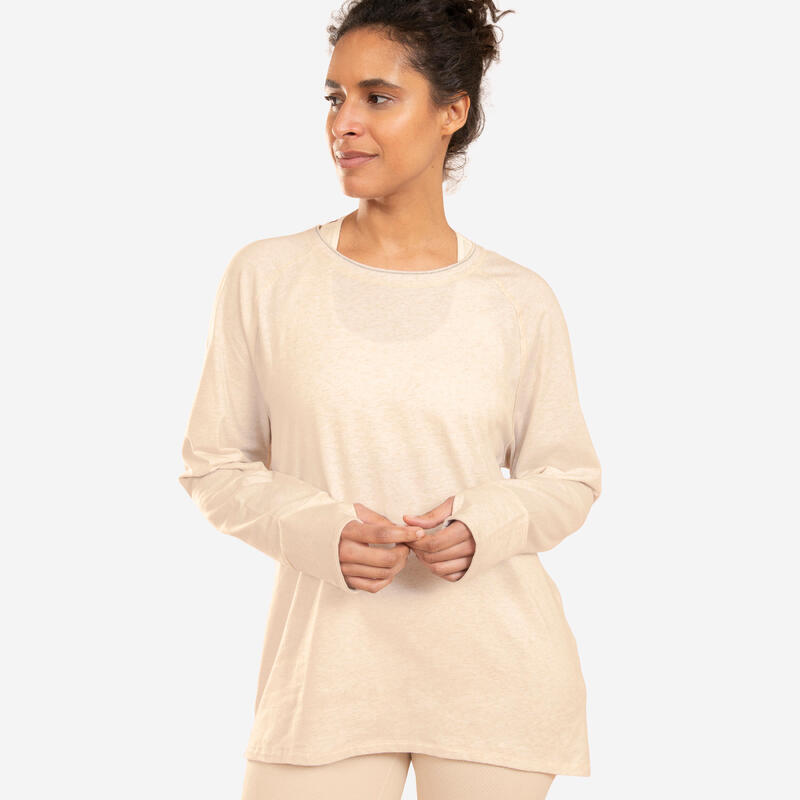 T-shirt manica lunga donna yoga oversize cotone beige