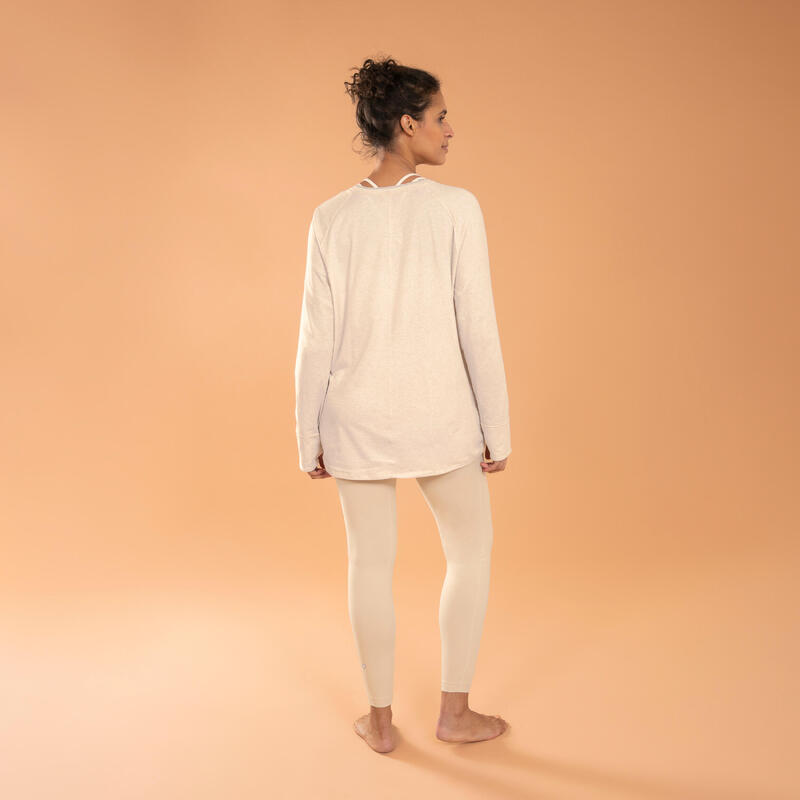 T-shirt manica lunga donna yoga oversize cotone beige