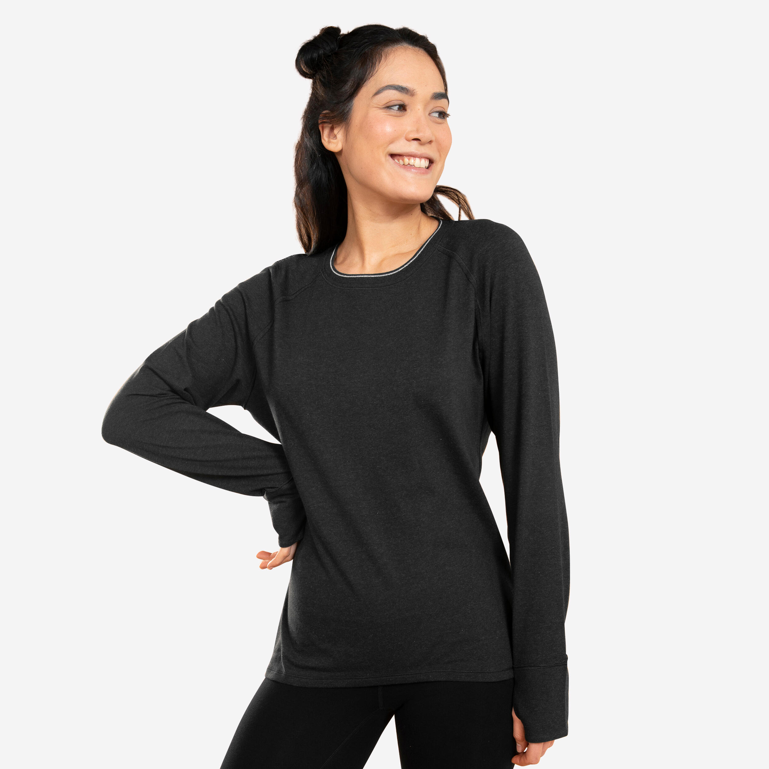 Decathlon | T-shirt manica lunga nera donna yoga oversize cotone |  Kimjaly