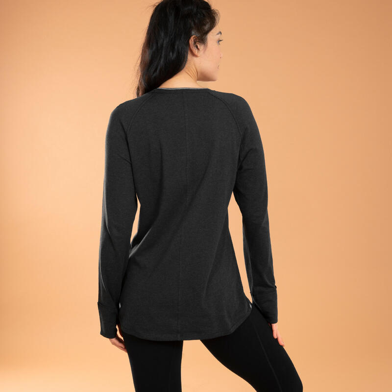 T-shirt manica lunga nera donna yoga oversize cotone