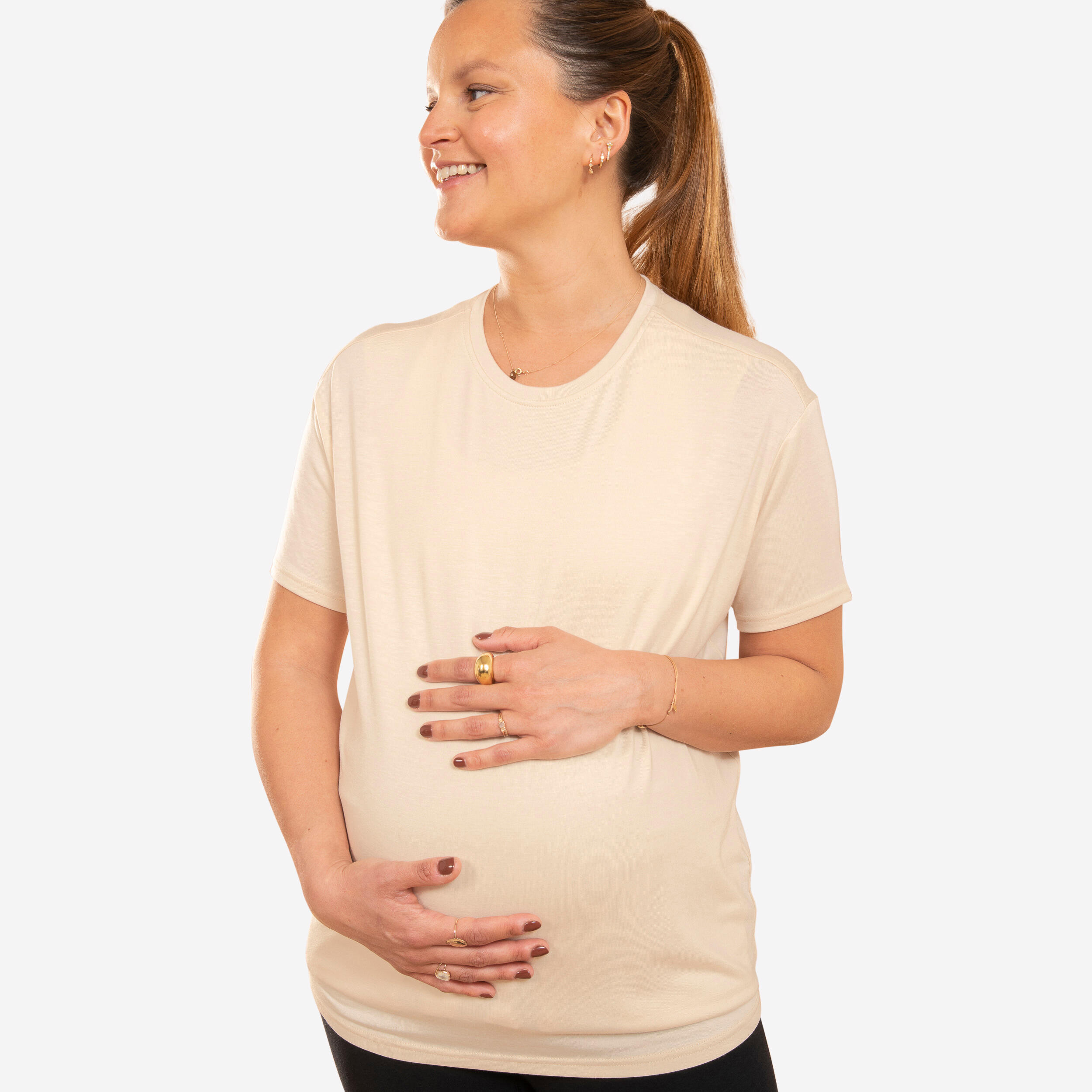 Short-Sleeved Pregnancy Breast-Feeding Yoga T-Shirt - Beige 2/6