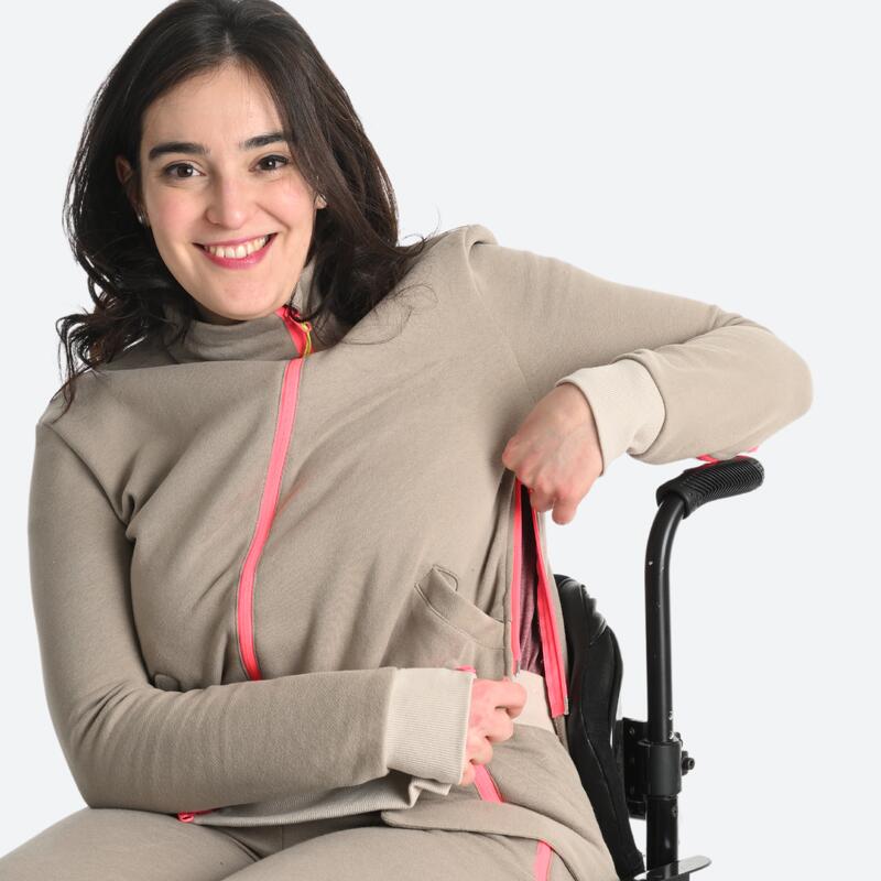Felpa donna mobilità ridotta palestra con zip pesante beige