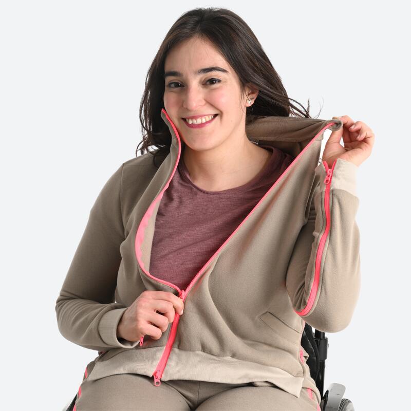 Felpa donna mobilità ridotta palestra con zip pesante beige