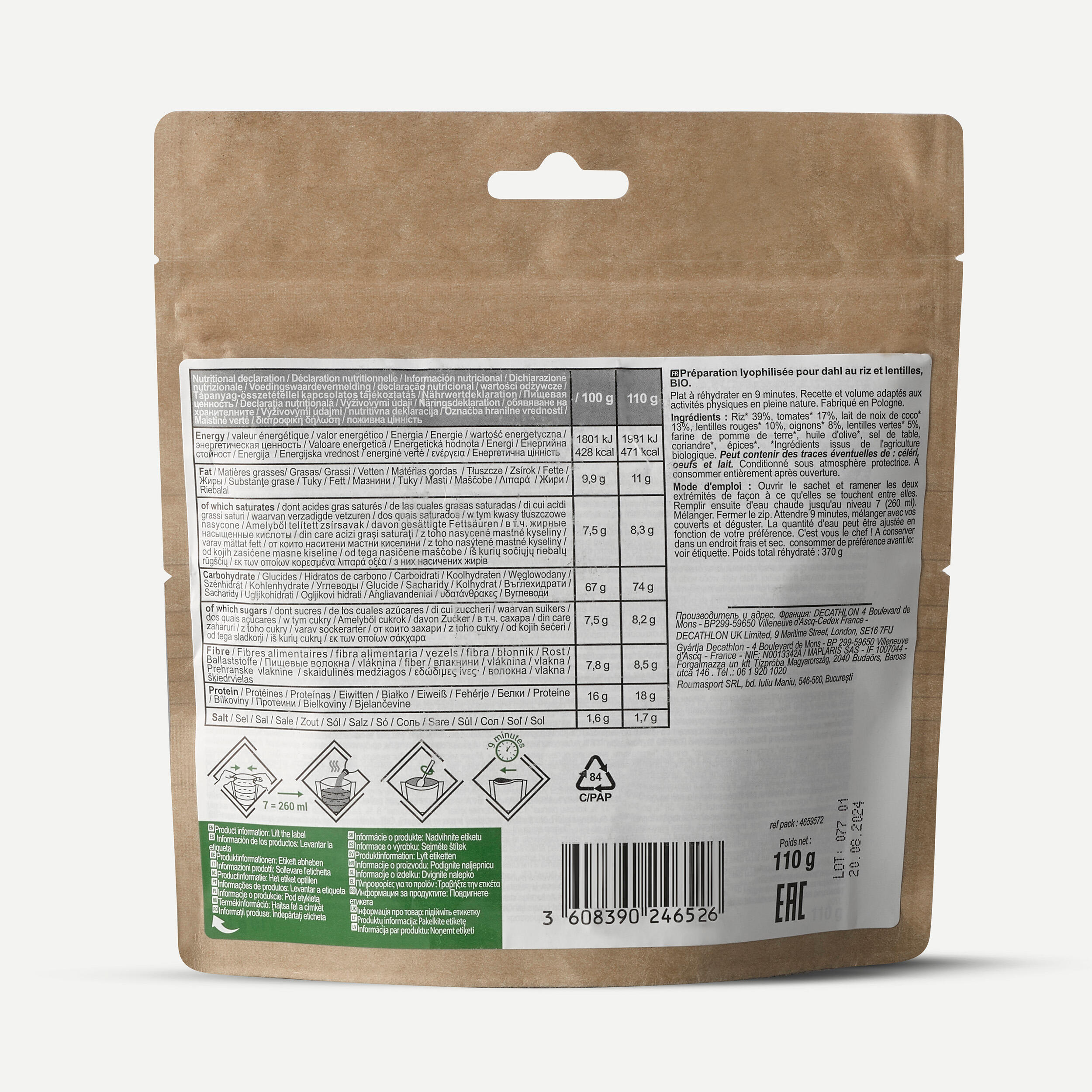 Repas lyophilisé végétarien et bio - Dahl au riz et lentilles - 110 g 3/3