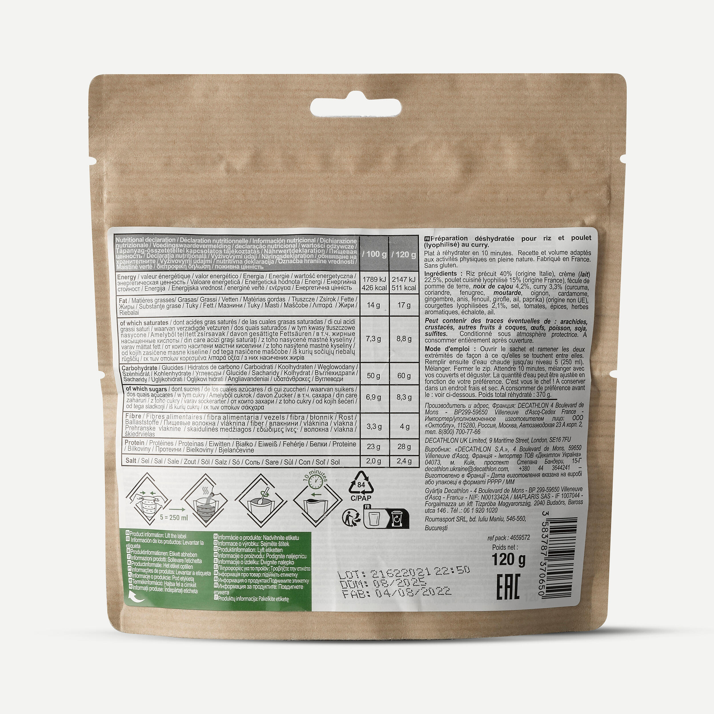 Repas lyophilisé sans gluten - riz et poulet au curry - 120g 3/3