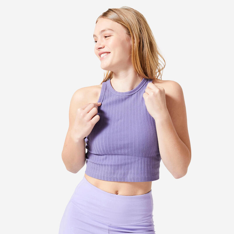 Camiseta fitness tirantes crop top canalé 520 Mujer lila