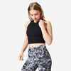 Débardeur crop top fitness collection léopard femme, noir ultra