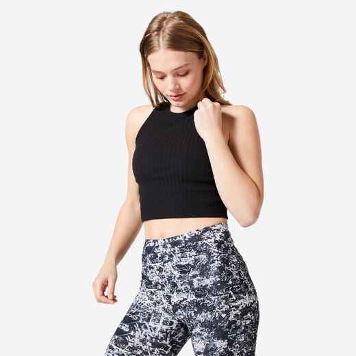 
      Débardeur crop top fitness collection léopard femme, noir ultra
  