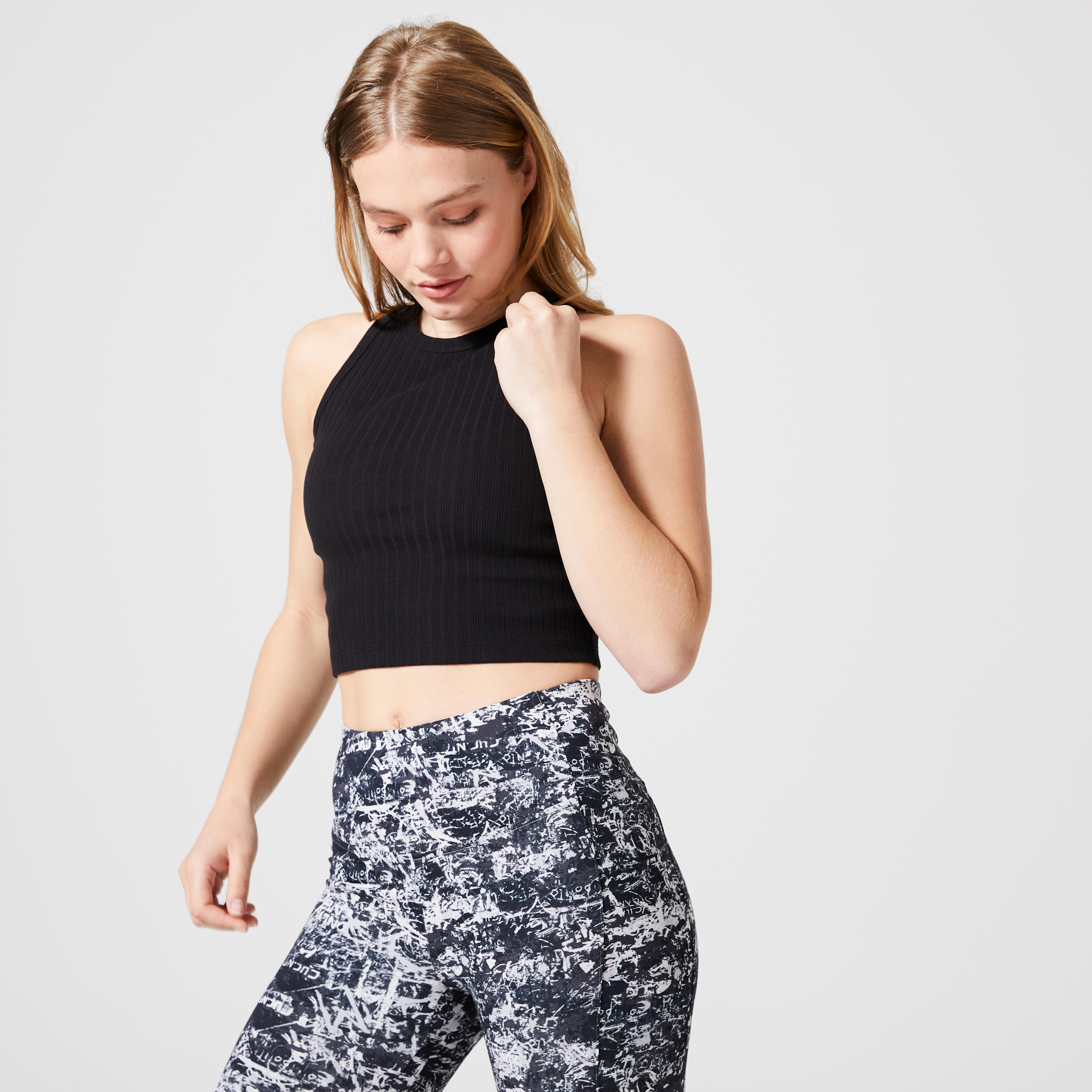 Domyos - Débardeur Crop Top Fitness Femme - 520 Côtelé Noir - Débardeur - Panoplies Training Adultes - Noir - 38 S - Decathlon