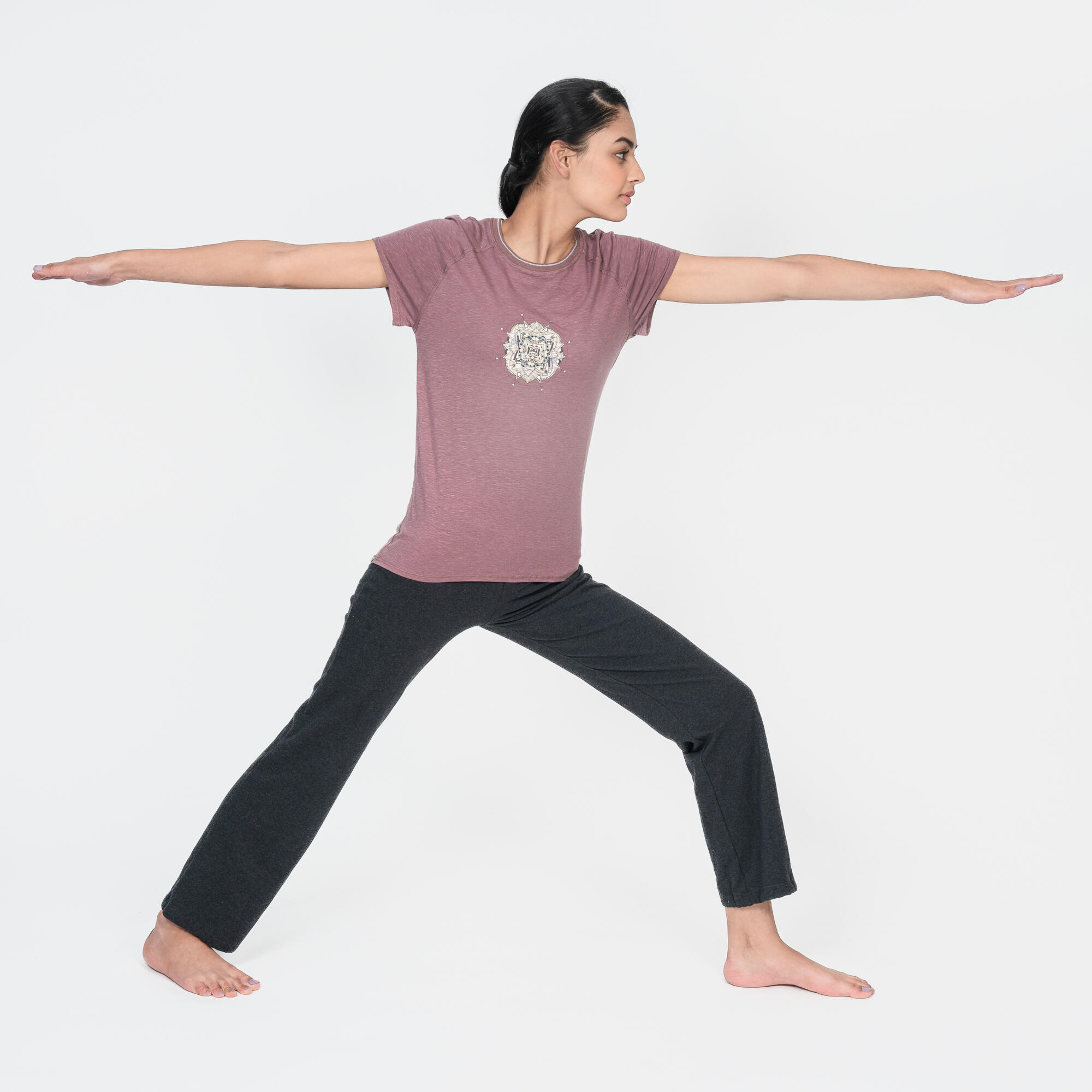 Yogabroek katoen dames grijs roze 3/8