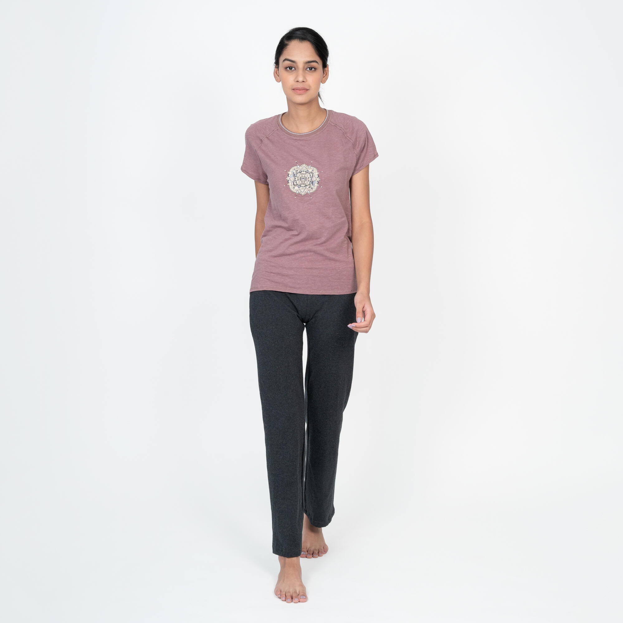 Yogabroek katoen dames grijs roze 2/8