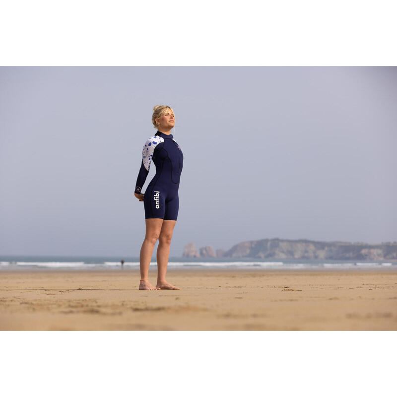 Shorty wetsuit voor aquawalking dames lange mouwen neopreen 3/2 mm donkerblauw