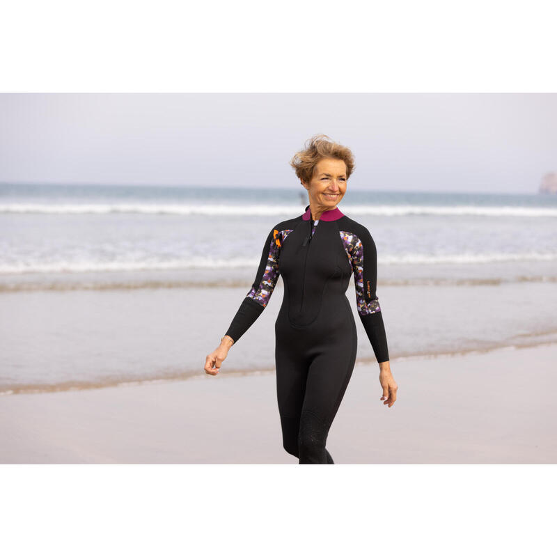 Wetsuit voor aquawalking dames neopreen 4/3 zwart met bedrukking