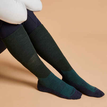 Suaugusiųjų šiltos jojimo kojinės „500“, mėlynos / žalios