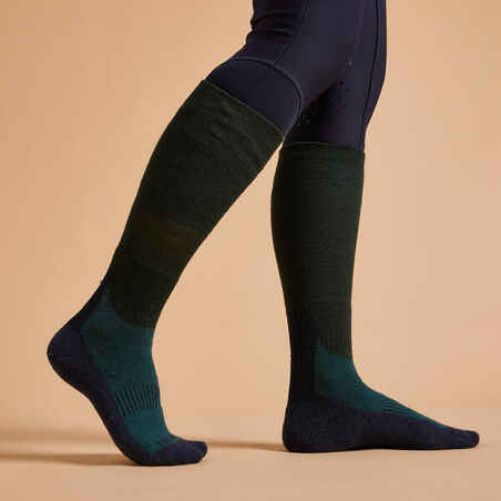 Suaugusiųjų šiltos jojimo kojinės „500“, mėlynos / žalios