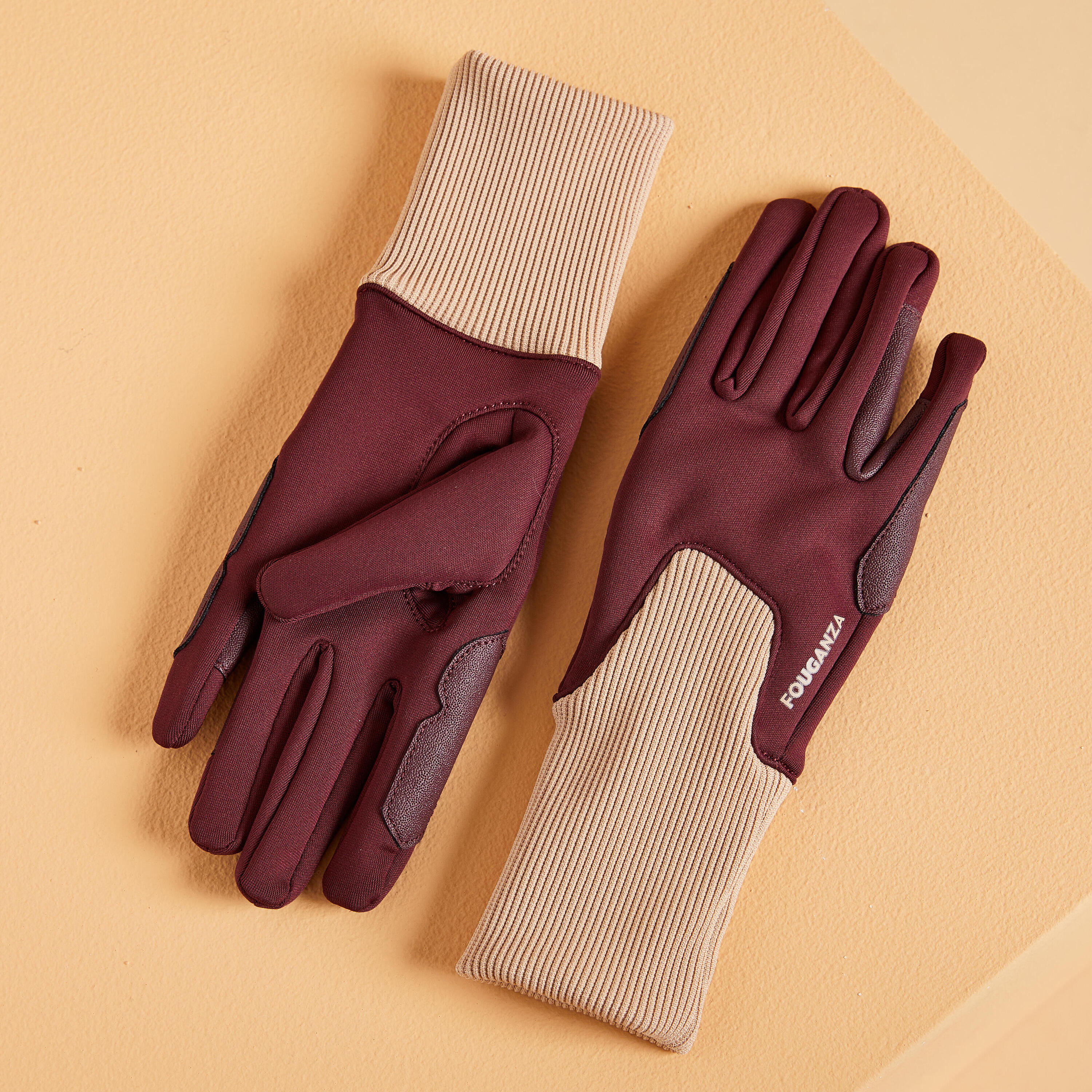 Kids' Warm Horse Riding Gloves 140 - Burgundy/Beige 1/2