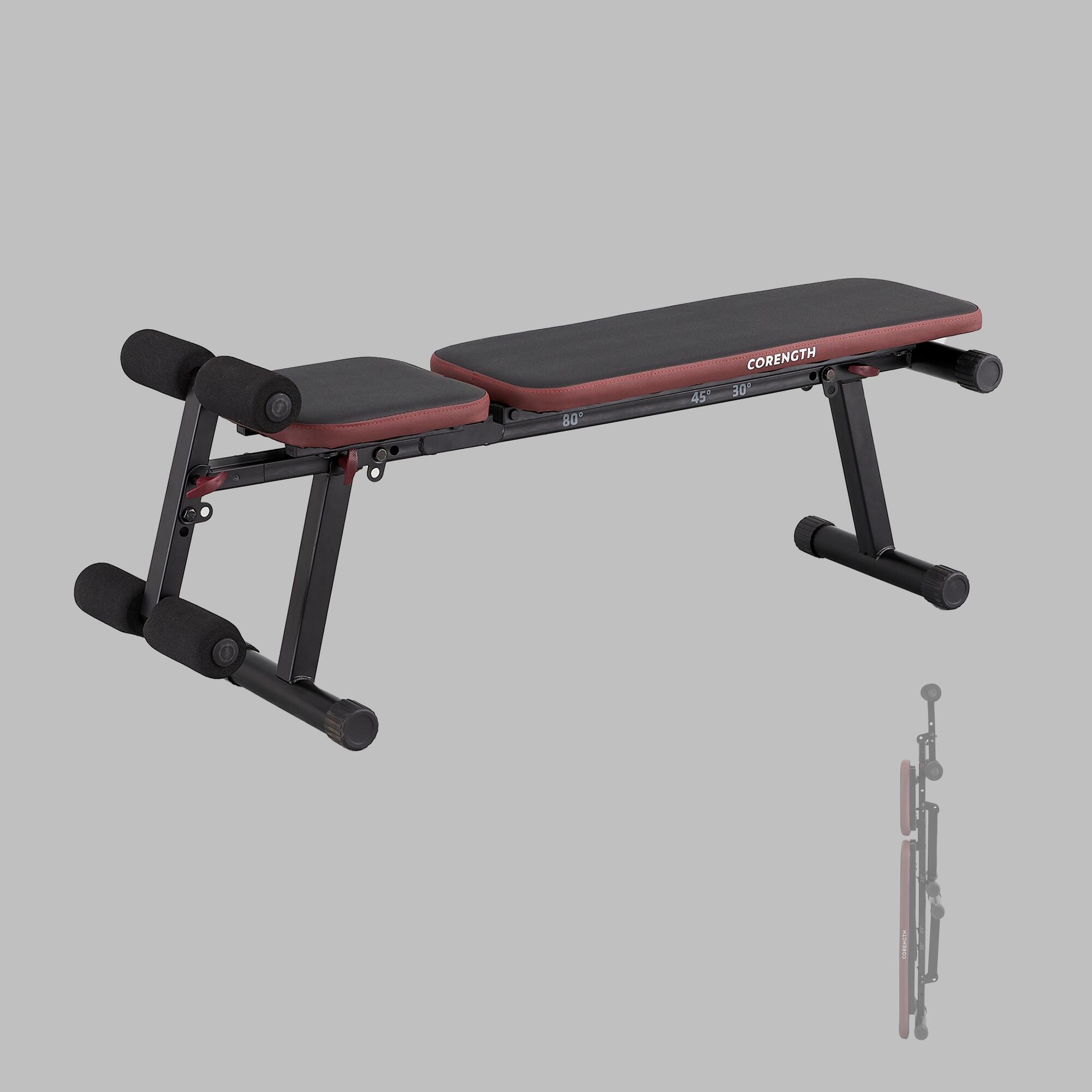 Robust and compact fold down incline weight bench with leg bar