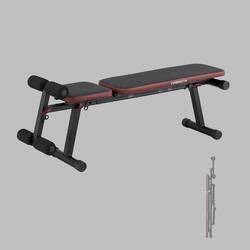 Robust and compact fold-down incline weight bench with leg bar