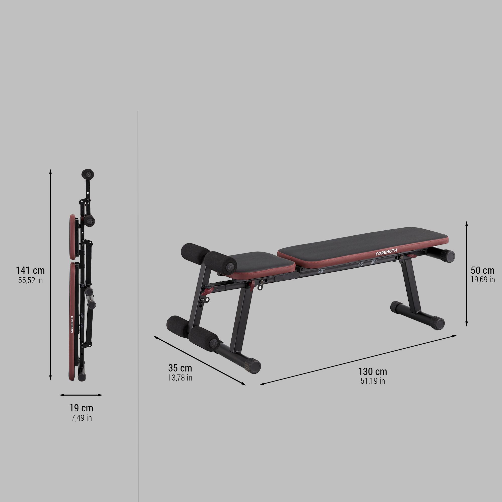 Robust and compact fold down incline weight bench with leg bar