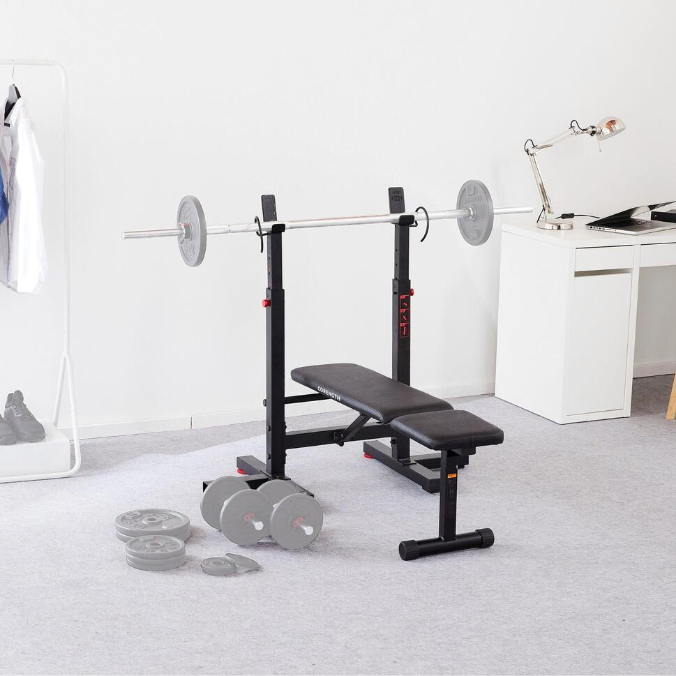 Tiltable and foldable weight bench with adjustable pegs CORENGTH