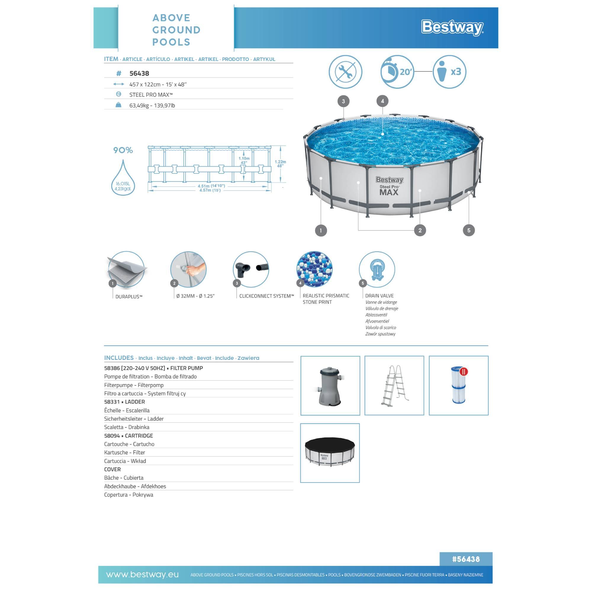 Piscina STEEL PRO MAX circular 457x122cm com depuradora + filtro + escada 3/8