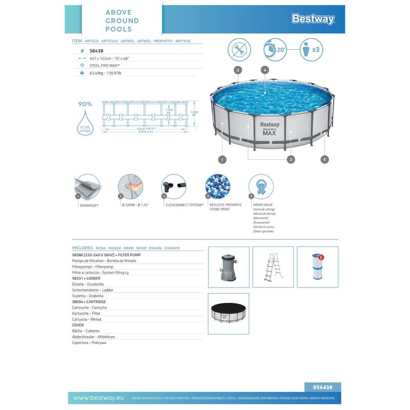 Piscina STEEL PRO MAX circular 457x122cm com depuradora + filtro + escada