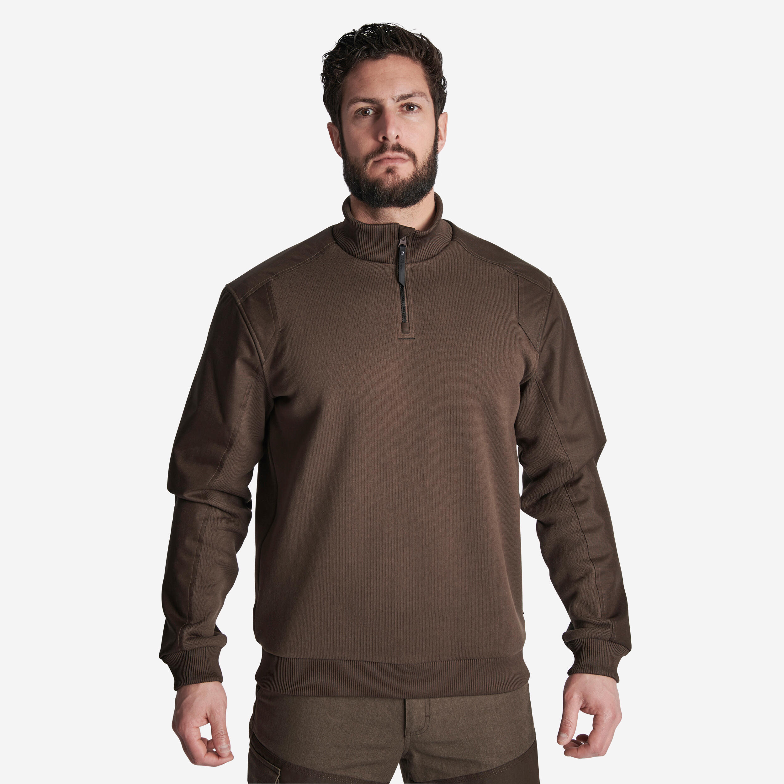 Jersey Caza Solognac Renfort 500 Hombre Marron Calido Media Cremallera