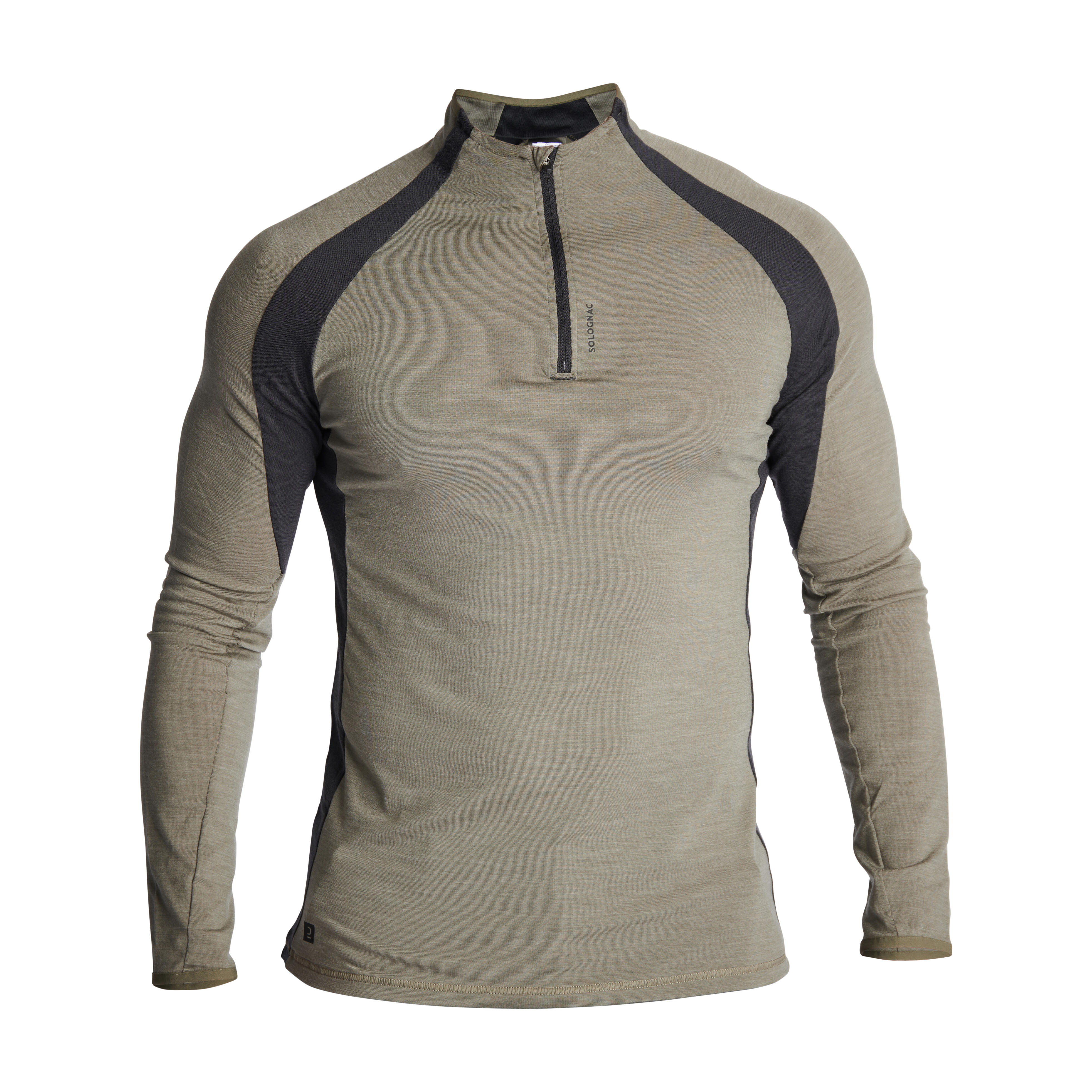 Men Long-sleeved Breathable Merino Wool Zipped T-shirt - 900 Green - SOLOGNAC