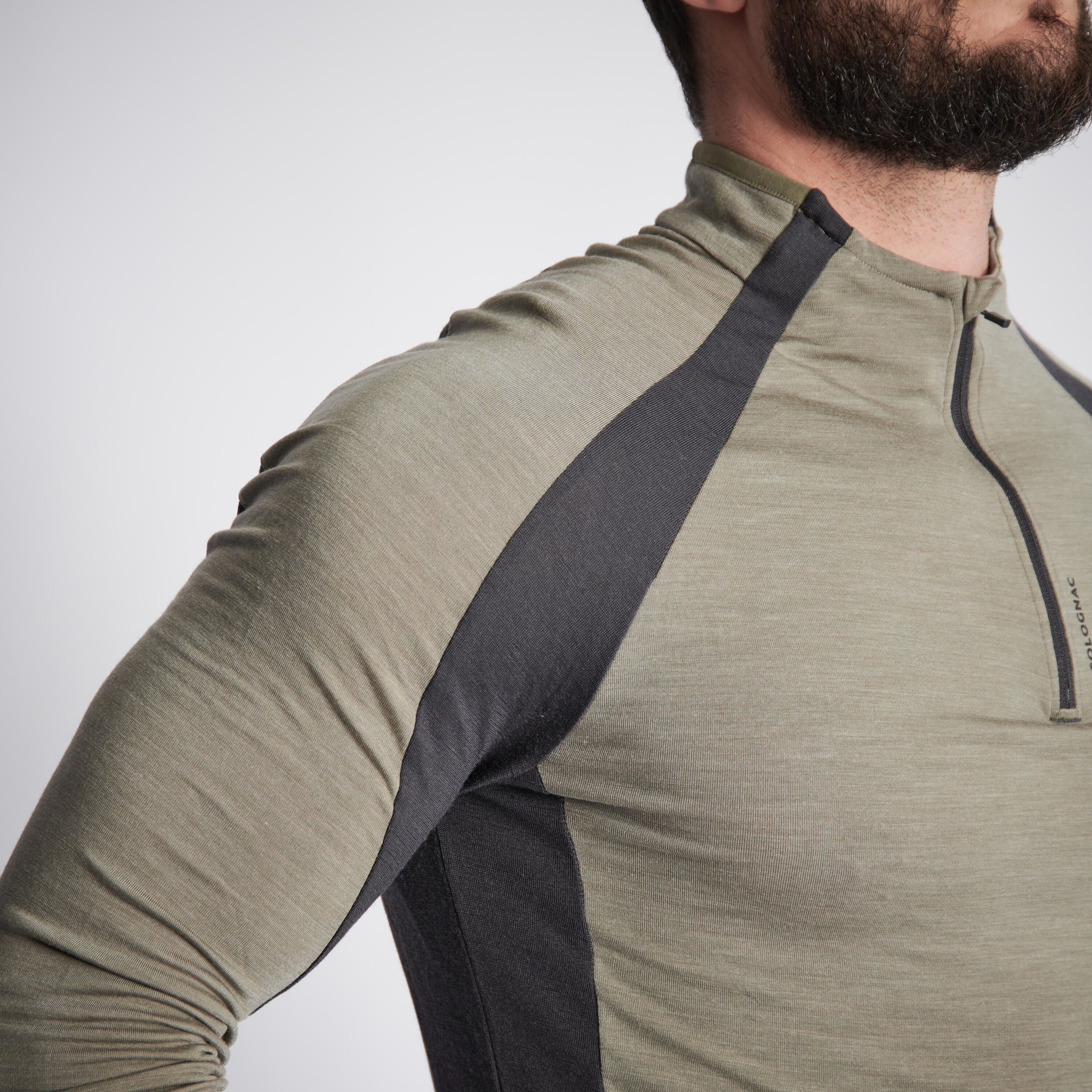 Men Long-sleeved Breathable Merino Wool Zipped T-shirt - 900 Green - SOLOGNAC