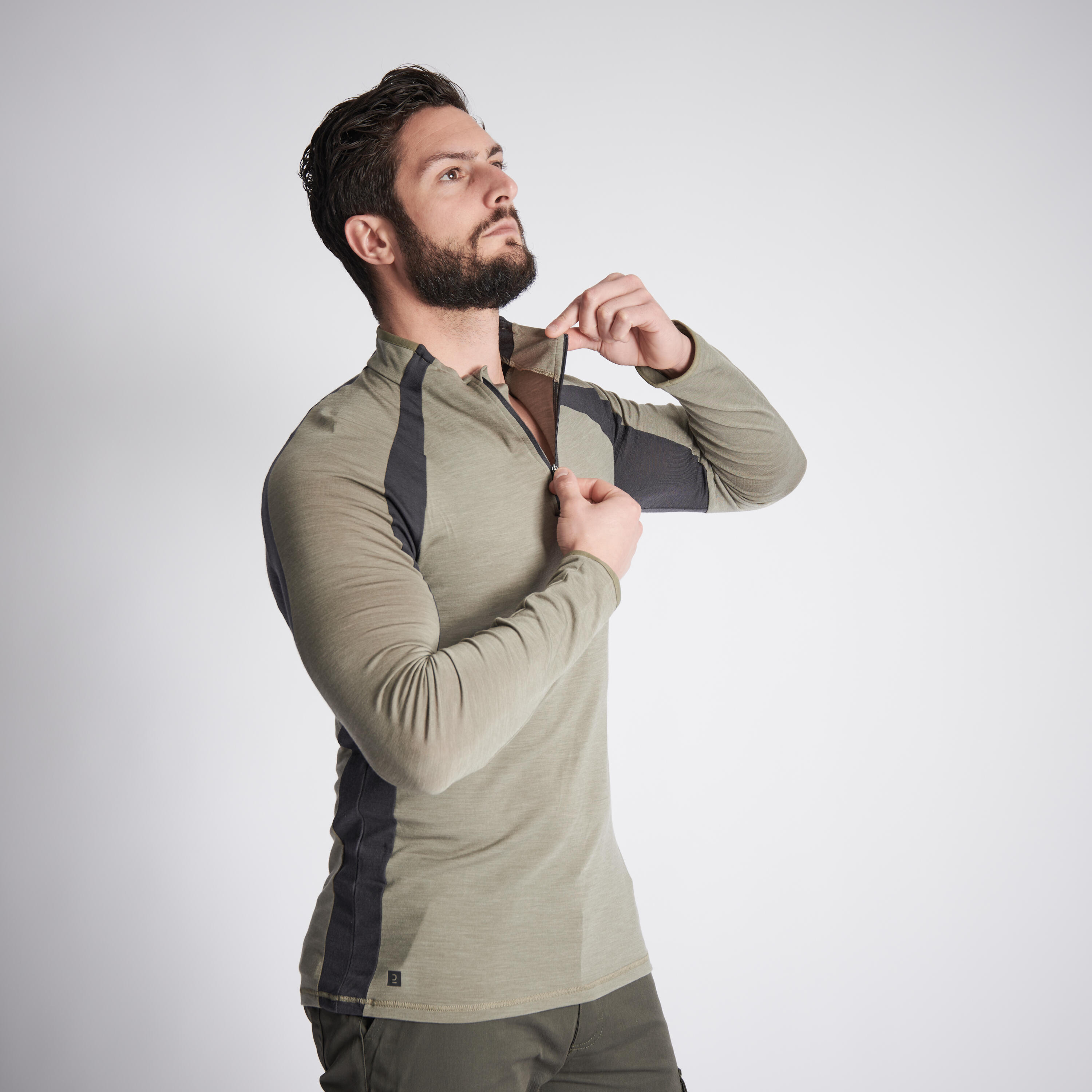 Men Long-sleeved Breathable Merino Wool Zipped T-shirt - 900 Green - SOLOGNAC