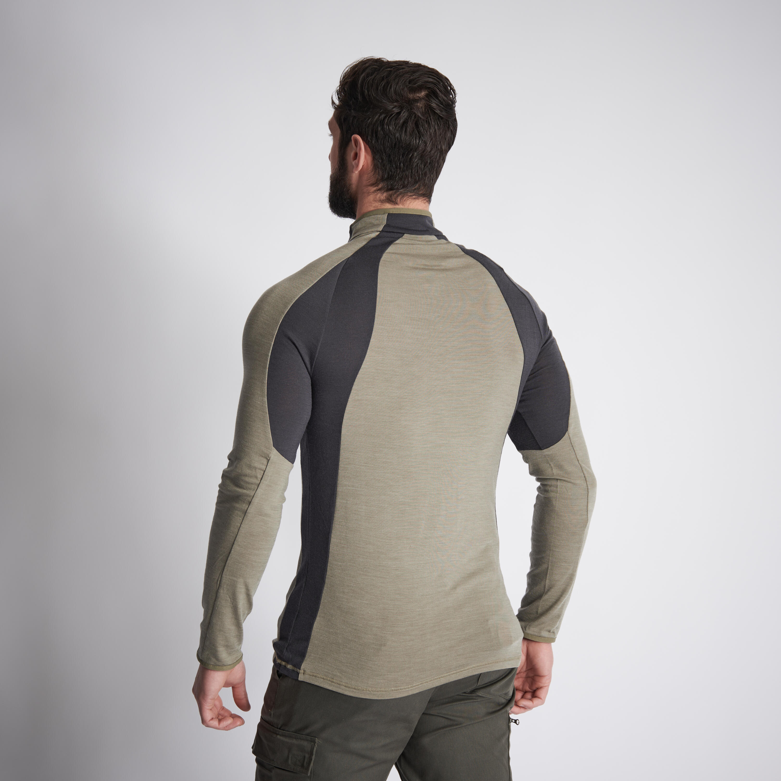 Men Long-sleeved Breathable Merino Wool Zipped T-shirt - 900 Green - SOLOGNAC