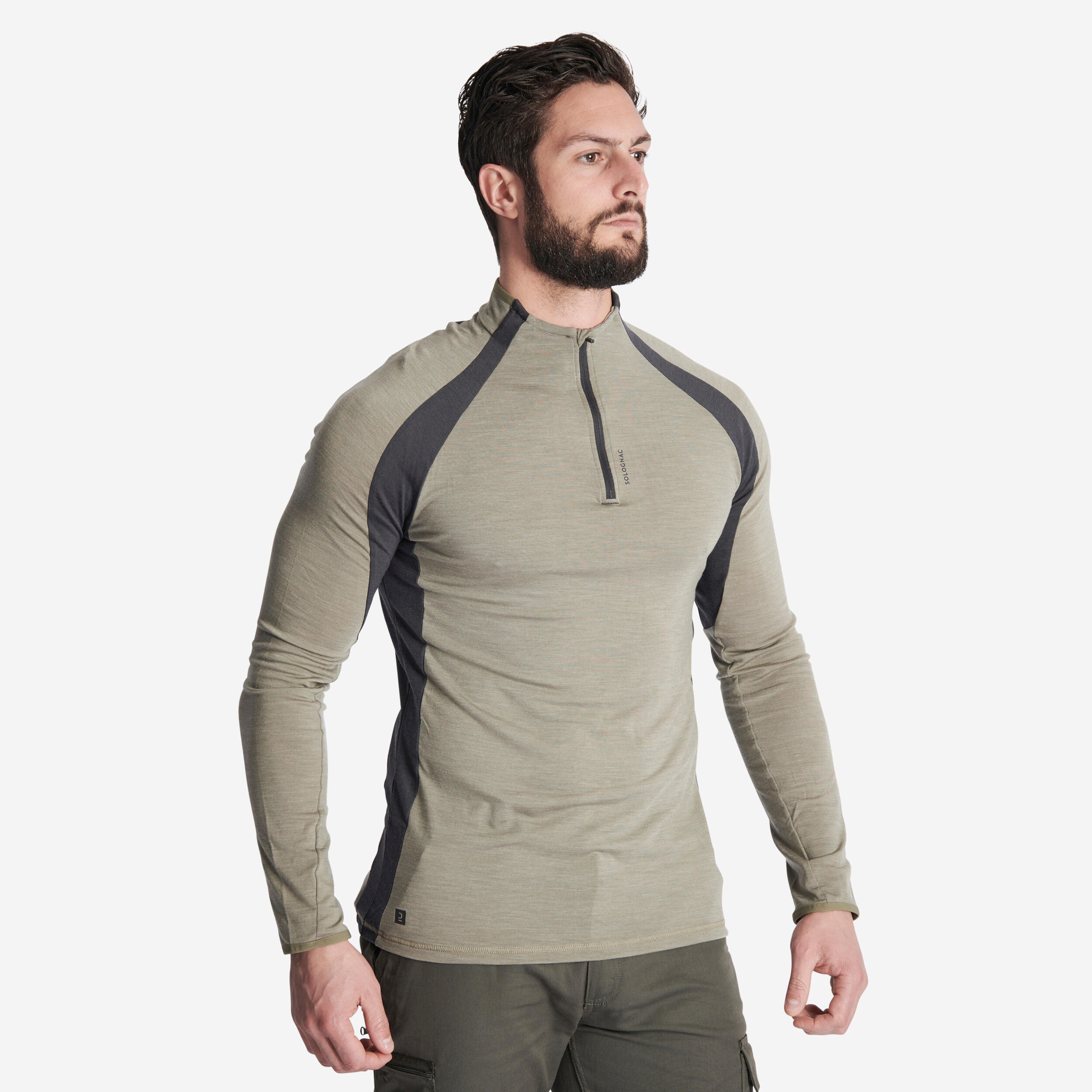 SOLOGNAC Men's Long-sleeved Breathable Merino Wool Zipped T-shirt - 900 light green