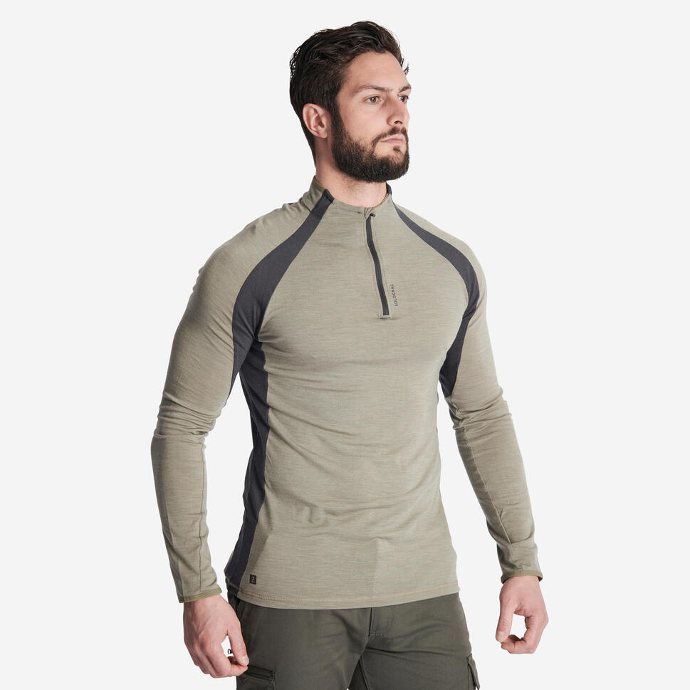 Men's Longsleeved Breathable Merino Wool Zipped Tshirt 900 light green SOLOGNAC Decathlon