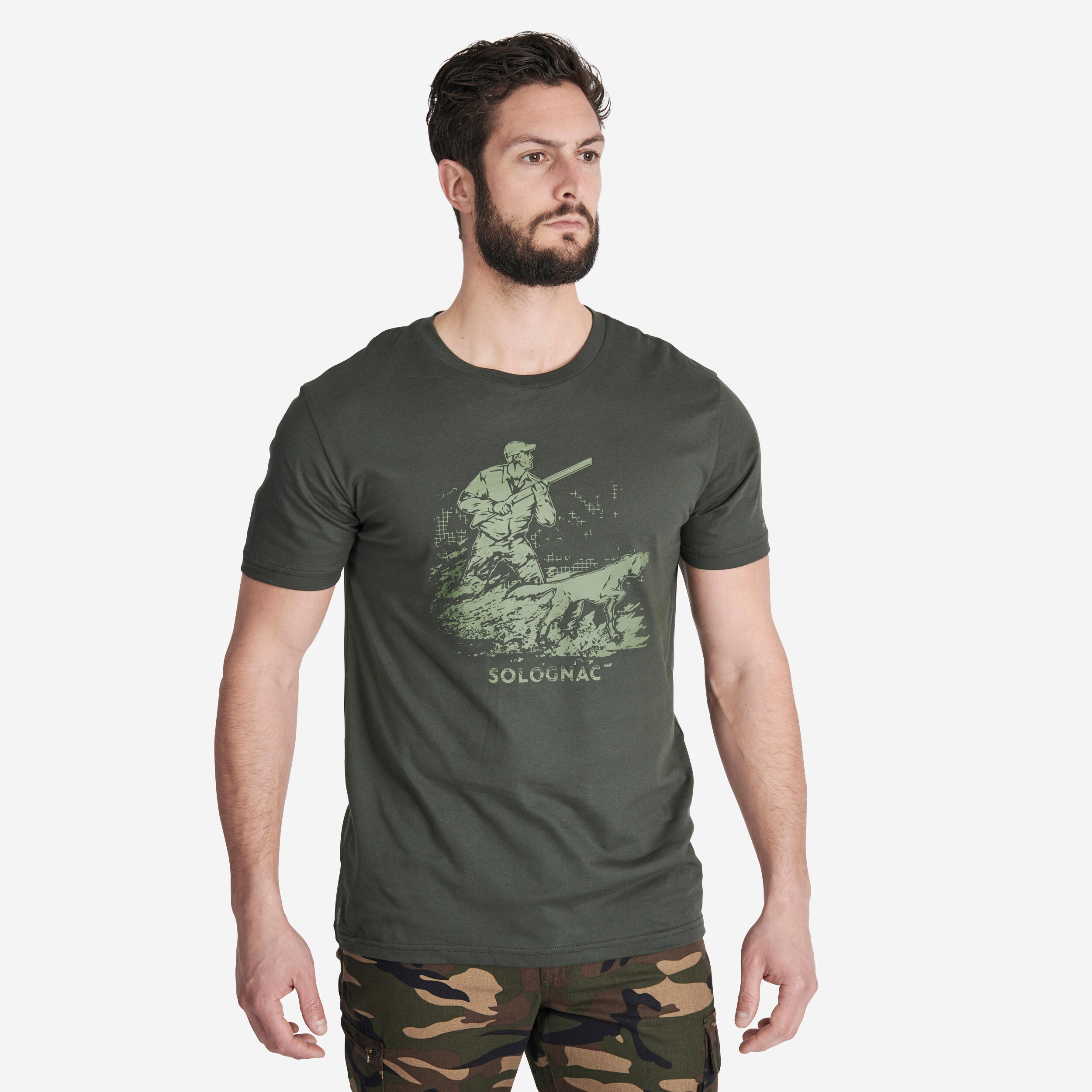 Men's short-sleeved cotton hunting T-shirt - 100 Chien Arrêt green