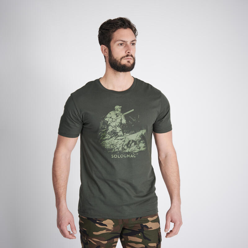 Pánské lovecké tričko s krátkým rukávem 100 s potiskem psa zelené 
