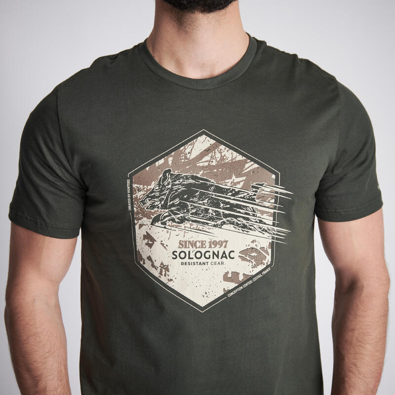 T-Shirt 100 Jagd kurzarm Baumwolle - Wildschwein grün 