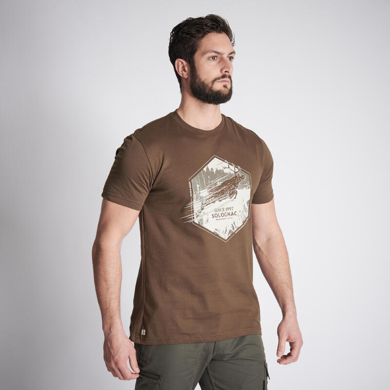 Pánské lovecké bavlněné tričko s krátkým rukávem 100 s potiskem jelena hnědé 