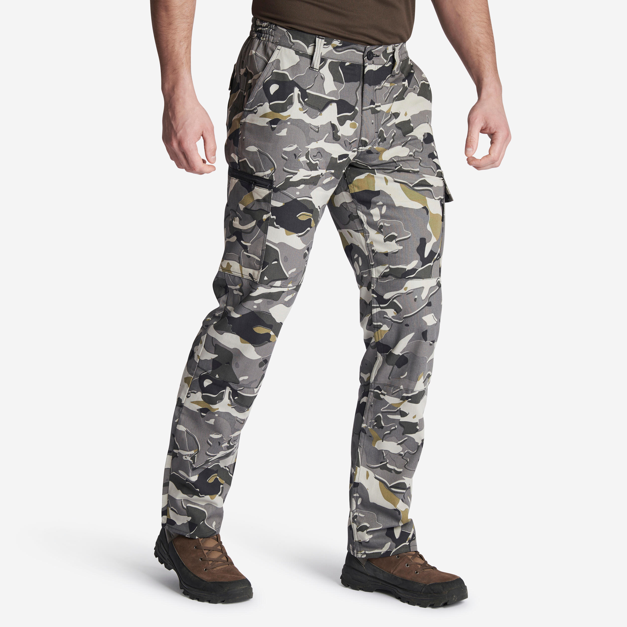 SOLOGNAC ROBUST CARGO TROUSERS STEPPE 300 CAMOUFLAGE WOODLAND GREY