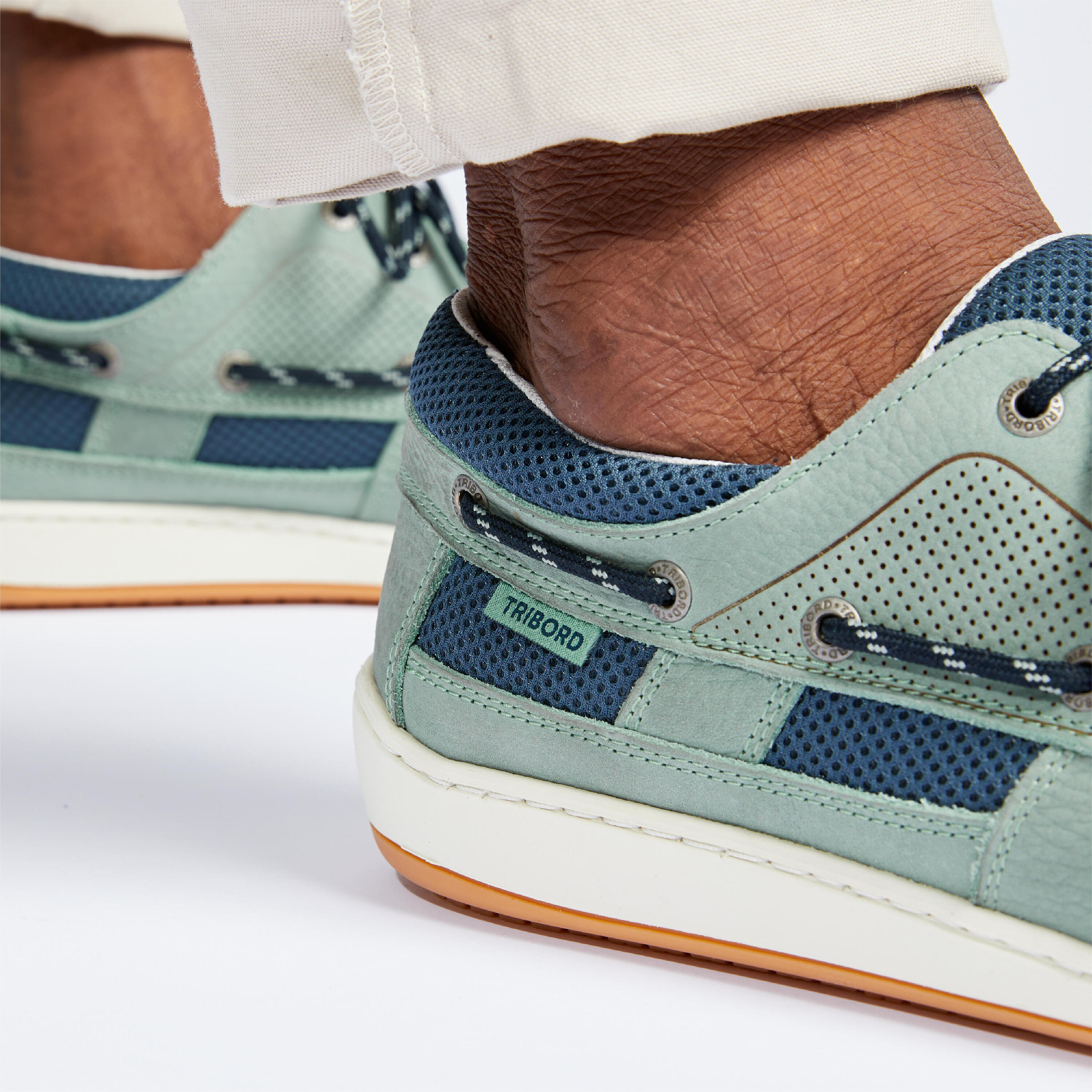 Leren bootschoenen voor zeilen heren Clipper petrolblauw kaki 6/8