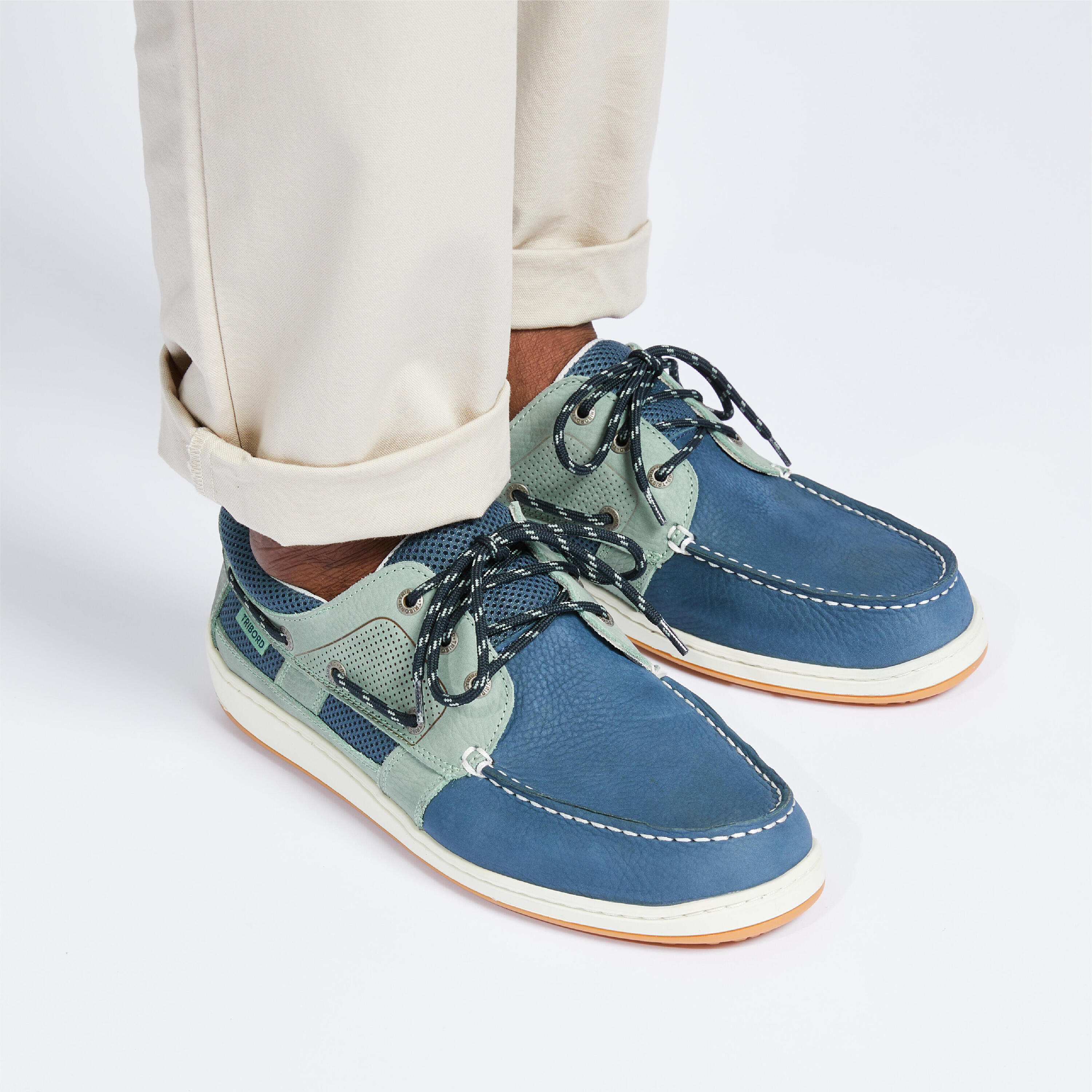 Leren bootschoenen voor zeilen heren Clipper petrolblauw kaki 3/8