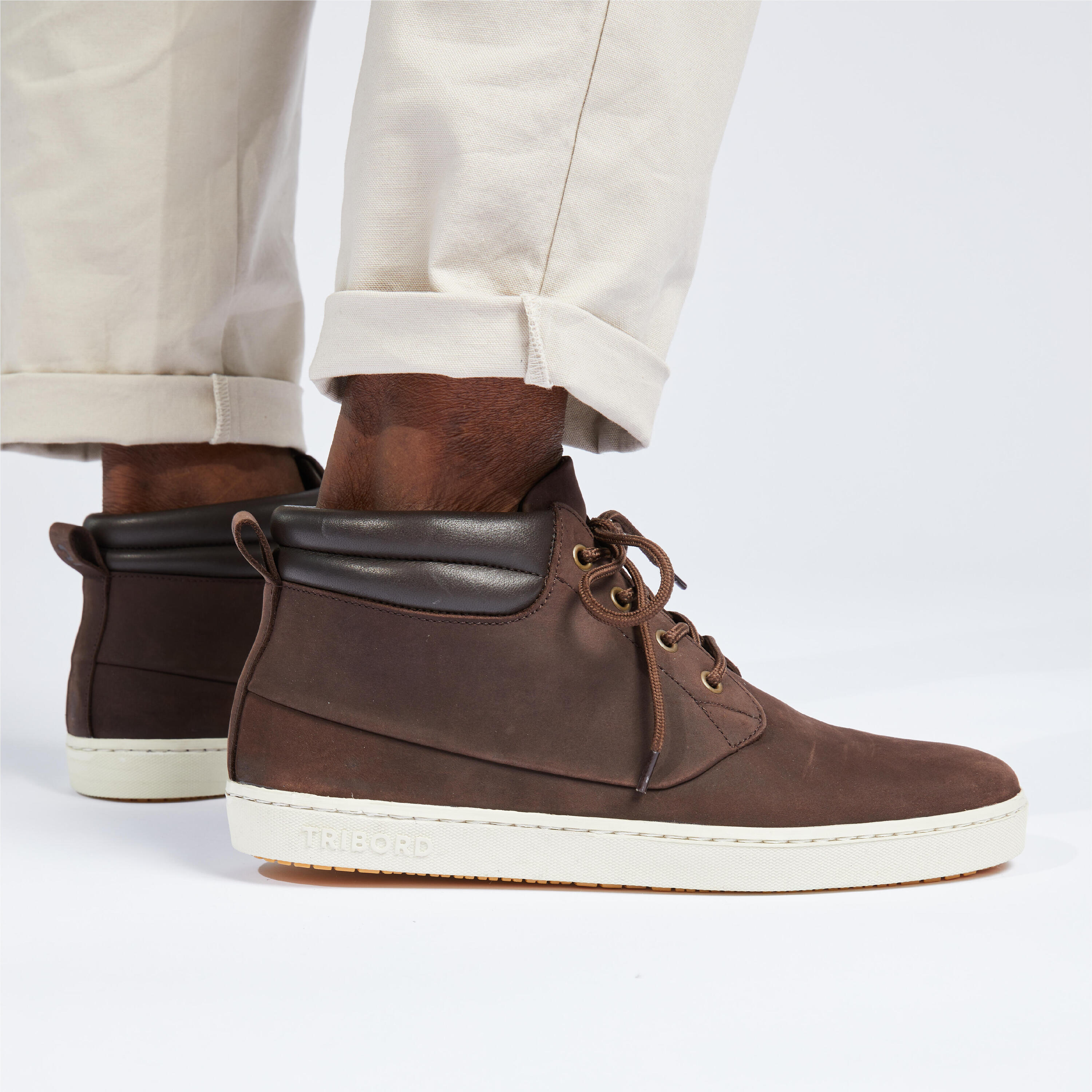 Chaussures bateau homme en cuir imperméable 500 marron foncé 7/10