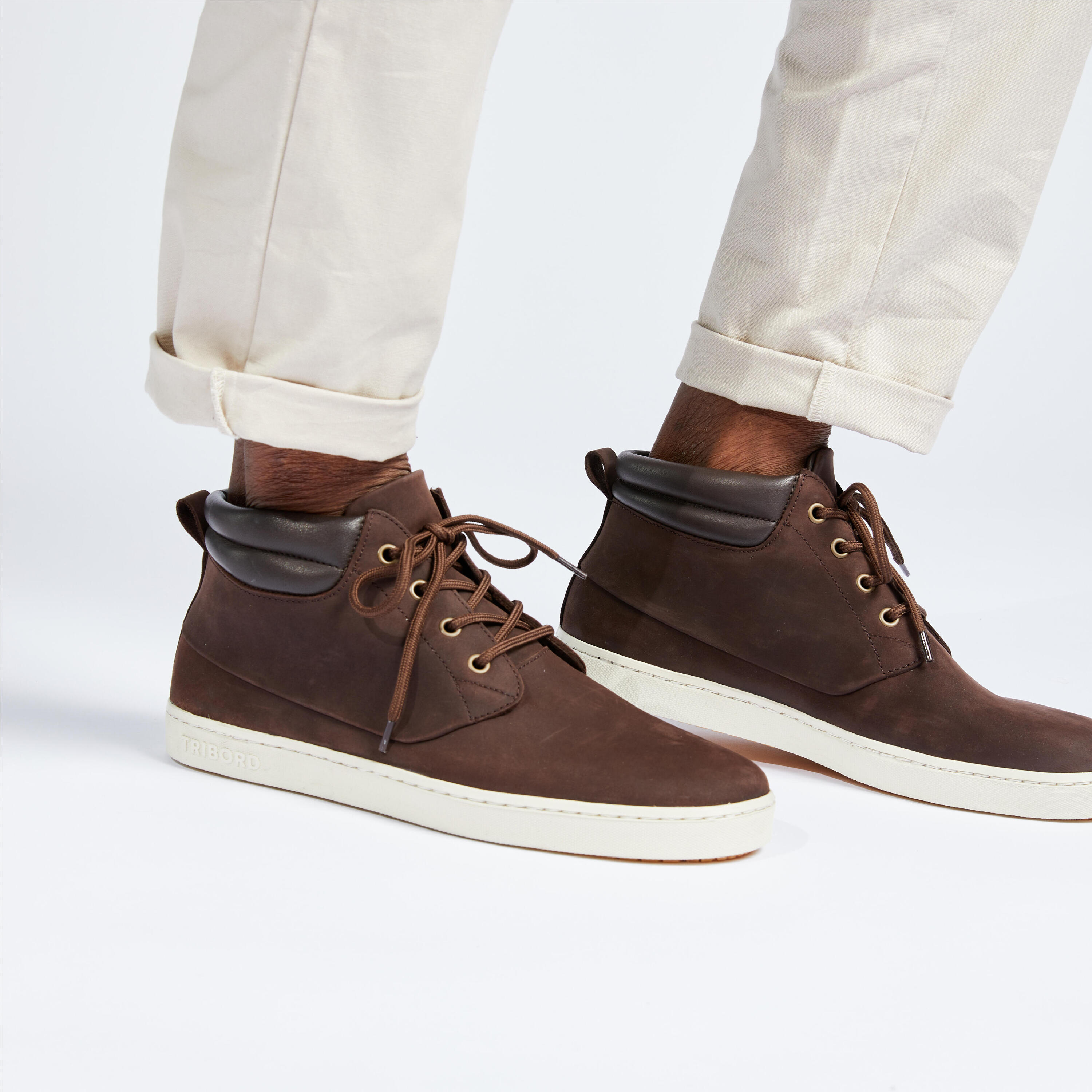 Chaussures bateau homme en cuir imperméable 500 marron foncé 8/10