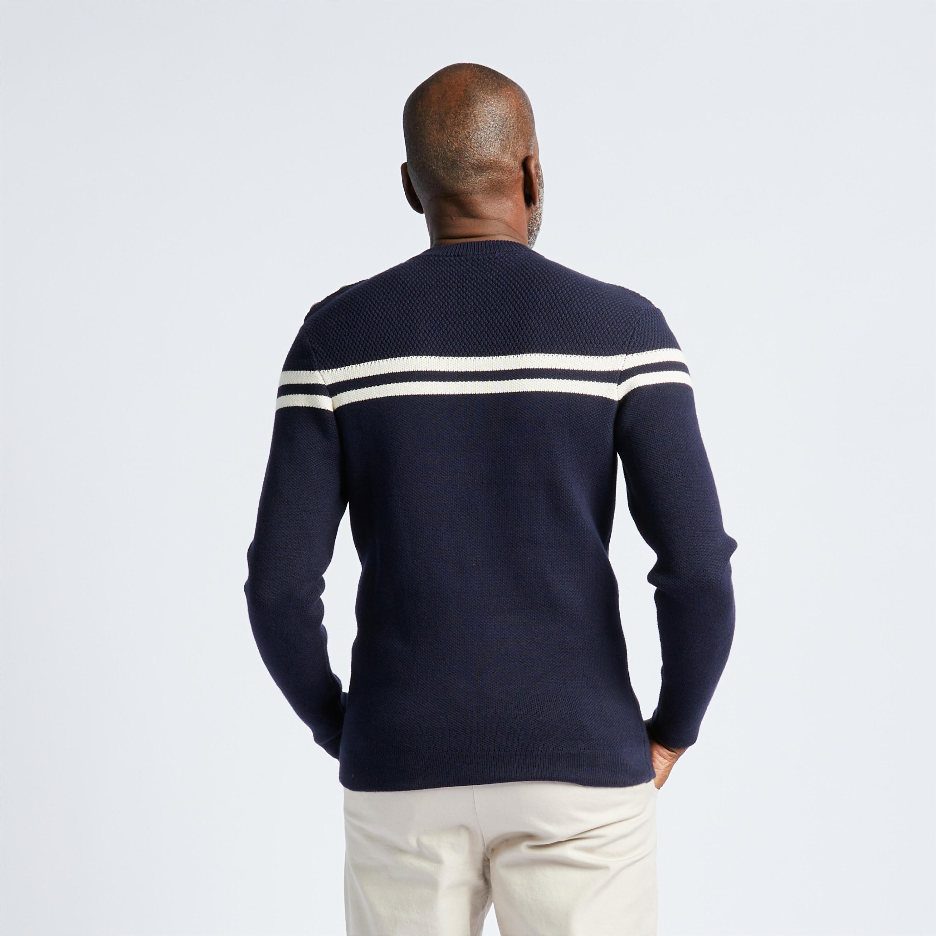 Men's sailing pullover beige and blue striped 3/8