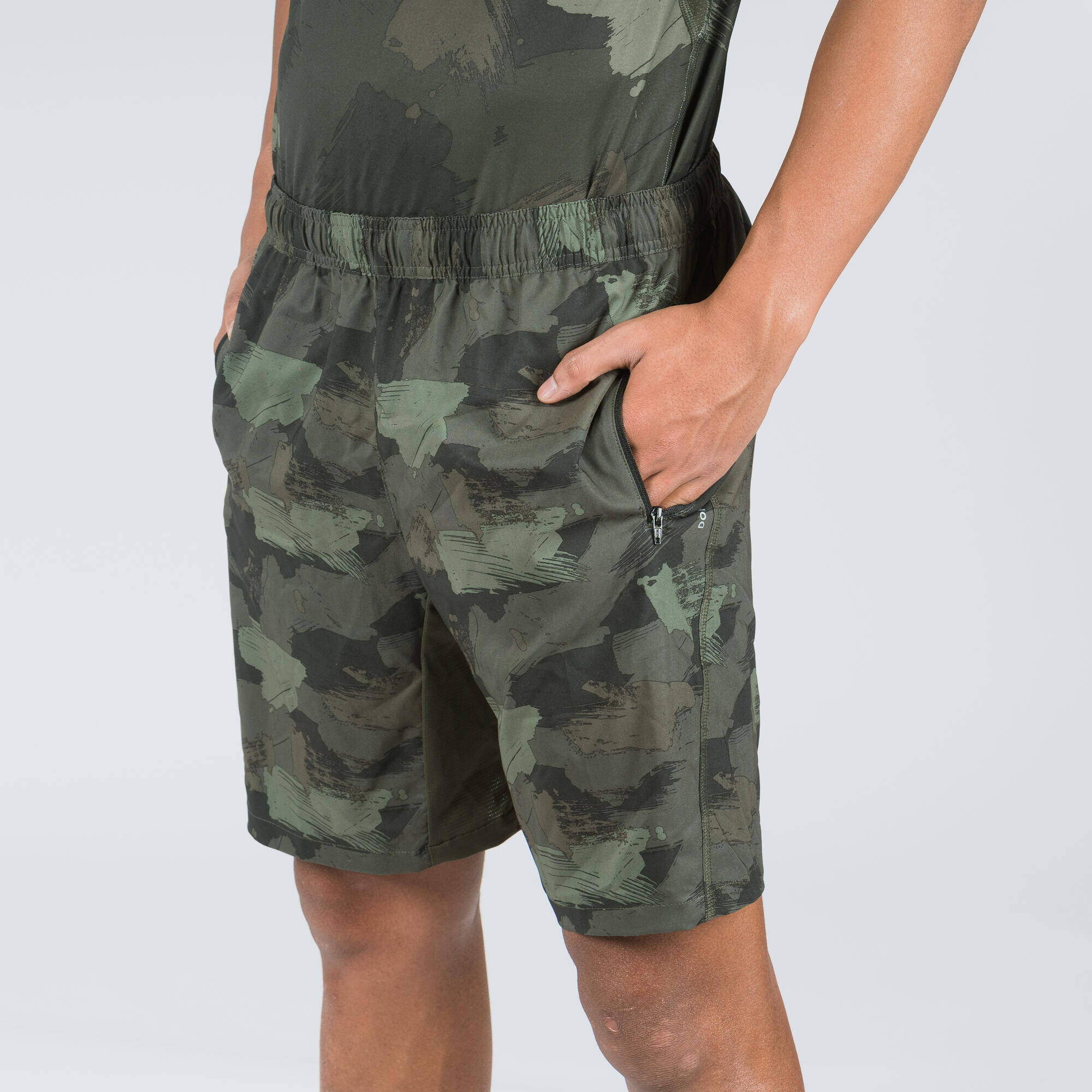 Men Gym Shorts Stretchable, Quick Dry with Zip Pockets - Khaki -  2